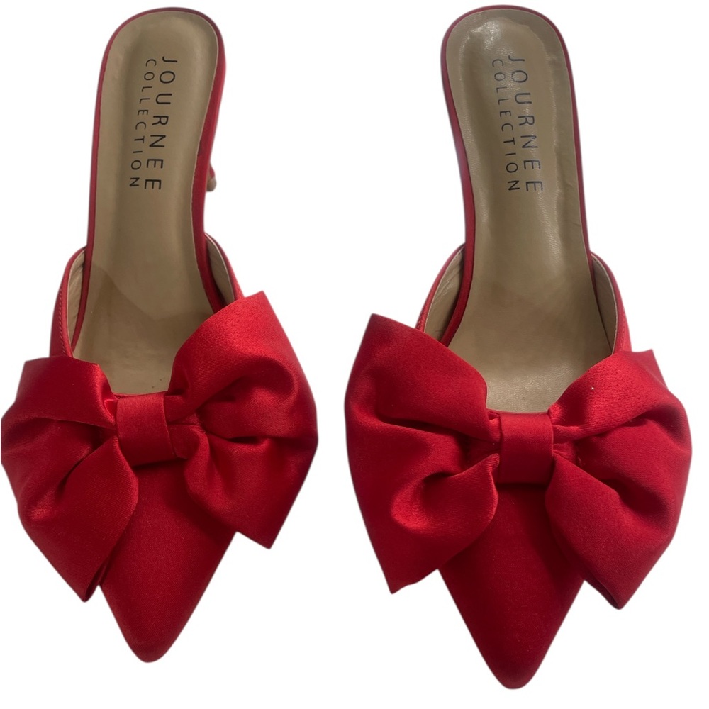 Journey collection red satin bow tie pointed slip on kitten heel size 7 Women's - Picture 5 of 6